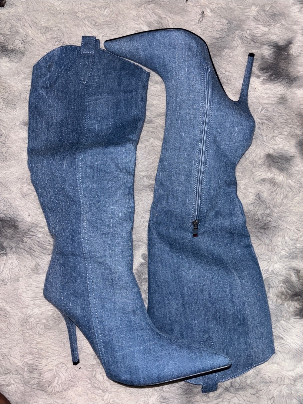 Denim Pointed-Toe Stiletto Knee Boots - Blue
